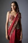 Rocky Star_Maroon Raw Silk Print Gardenia Sweetheart Border Pre-draped Saree With Blouse _Online_at_Aza_Fashions