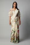 Buy_Rocky Star_Ivory Raw Silk Print Garden Fiore V Neck Pre-draped Saree With Blouse _at_Aza_Fashions