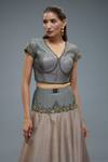 Rocky Star_Grey Polylurex Embroidery Flora Patchwork V Neck Fiore Lehenga With Blouse _Online_at_Aza_Fashions