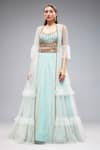 Buy_Rocky Star_Blue Net Embroidery Floral Blouse Scoop Frilled Cape And Placement Lehenga Set _at_Aza_Fashions