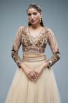 Rocky Star_Beige Net Embroidery Floral V Neck Sequin Blouse With Lehenga _Online_at_Aza_Fashions