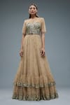 Buy_Rocky Star_Beige Net Embroidery Sequins Round Frill Flared Gown _at_Aza_Fashions