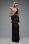 Buy_Rocky Star_Black Net Embroidery Sequins V-neck Crystal Pre-draped Saree With Blouse _at_Aza_Fashions