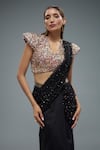 Rocky Star_Black Net Embroidery Sequins V-neck Crystal Pre-draped Saree With Blouse _Online_at_Aza_Fashions