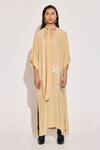 Buy_TWINKLE HANSPAL_Beige Crepe Print Foil Tie-up Neck Bloom Kaftan _at_Aza_Fashions