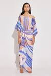 Buy_TWINKLE HANSPAL_Blue Crepe Print Abstract Stripe One Shoulder Neck Draped Maxi Dress _at_Aza_Fashions