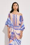 TWINKLE HANSPAL_Blue Crepe Print Abstract Stripe One Shoulder Neck Draped Maxi Dress _Online_at_Aza_Fashions