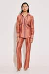 Buy_Twinkle Hanspal_Peach Chanderi Plain Collared Neck Freddy Contrast Cord Shirt With Pant _at_Aza_Fashions