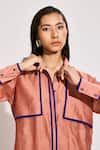 Twinkle Hanspal_Peach Chanderi Plain Collared Neck Freddy Contrast Cord Shirt With Pant _at_Aza_Fashions