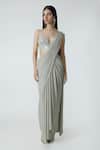 Chhaya Mehrotra_Silver Silk Satin, Lycra Rhinestones, Star Shimmer Pre-draped Saree And Bralette _Online_at_Aza_Fashions
