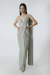 Buy_Chhaya Mehrotra_Silver Silk Satin, Lycra Rhinestones, Star Shimmer Pre-draped Saree And Bralette _Online_at_Aza_Fashions