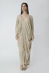 Shop_Chhaya Mehrotra_Beige Silk Rhinestones V-neck Gold Embellished Kaftan _at_Aza_Fashions