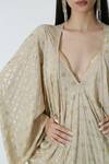 Buy_Chhaya Mehrotra_Beige Silk Rhinestones V-neck Gold Embellished Kaftan _Online_at_Aza_Fashions