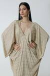 Chhaya Mehrotra_Beige Silk Rhinestones V-neck Gold Embellished Kaftan _at_Aza_Fashions