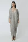 Chhaya Mehrotra_Silver Silk Crepe Embellished Rhinestone V-neck Eden Geometric Kaftan _Online_at_Aza_Fashions