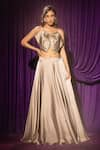 Buy_Chhaya Mehrotra_Silver Lehengas Silk Satin Floral Scoop Mirri Plain With Bow Blouse _at_Aza_Fashions