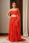 Buy_Samyukta Singhania_Orange Chiffon Print Floral V Neck Lehenga Set _at_Aza_Fashions