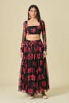 Buy_Samyukta Singhania_Black Chiffon Print Floral Square Scarlett Rose Lehenga Set 