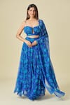 Buy_Samyukta Singhania_Blue Chiffon Print Floral V Neck Lapis Lehenga Set _Online_at_Aza_Fashions