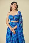 Samyukta Singhania_Blue Chiffon Print Floral V Neck Lapis Lehenga Set _at_Aza_Fashions