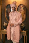 Shop_TAJIRI_Pink Sherwani And Stole Silk Embroidery Floral Moksha Set _at_Aza_Fashions