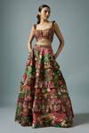 Buy_Rocky Star_Maroon Brocade, Silk Embroidery Sweetheart Neck Bloom Print Frilly Lehenga Set _at_Aza_Fashions
