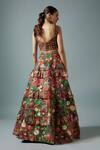 Shop_Rocky Star_Maroon Brocade, Silk Embroidery Sweetheart Neck Bloom Print Frilly Lehenga Set _at_Aza_Fashions