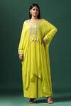 Buy_Two Sisters By Gyans_Green Georgette Embroidered Sequins V-neck Floral Asymmetric Kaftan With Pant _at_Aza_Fashions