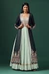 Buy_Two Sisters By Gyans_Green Georgette Embroidery Stone Leaf Neck Ambrosia Cape With Anarkali _at_Aza_Fashions