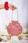 Shop_5elements_Pink Embroidery, Gota Patti Parrot Motif Potli Bag _at_Aza_Fashions
