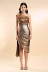 Shop_AMRTA by GUNEET KONDAL_Brown Shell 100% Amber Satin One Shoulder Neck Draped Metallic Dress _at_Aza_Fashions