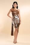 AMRTA by GUNEET KONDAL_Brown Shell 100% Amber Satin One Shoulder Neck Draped Metallic Dress _Online_at_Aza_Fashions