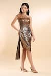 Buy_AMRTA by GUNEET KONDAL_Brown Shell 100% Amber Satin One Shoulder Neck Draped Metallic Dress _Online_at_Aza_Fashions