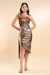 Shop_AMRTA by GUNEET KONDAL_Brown Shell 100% Amber Satin One Shoulder Neck Draped Metallic Dress _Online_at_Aza_Fashions