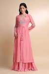 Buy_AMRTA by GUNEET KONDAL_Pink Kurta Shell 100% Silk Chanderi Embroidery Zardozi Cape Skirt Set _at_Aza_Fashions