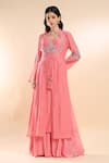 Buy_AMRTA by GUNEET KONDAL_Pink Kurta Shell 100% Silk Chanderi Embroidery Zardozi Cape Skirt Set 