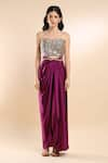 Buy_AMRTA by GUNEET KONDAL_Purple Bustier And Skirt  Shell 100% Viscose Ruched Sleeves Cape & Draped Set _Online_at_Aza_Fashions