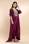 AMRTA by GUNEET KONDAL_Purple Bustier And Skirt  Shell 100% Viscose Ruched Sleeves Cape & Draped Set _at_Aza_Fashions