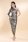 Buy_AMRTA by GUNEET KONDAL_Shell 100% Satin One Shoulder Neck Metallic Ruched Waist Dress _at_Aza_Fashions