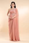 AMRTA by GUNEET KONDAL_Pink Shell 100% Viscose Georgette And Sequin Patch Embellished Ruched Gown _Online_at_Aza_Fashions