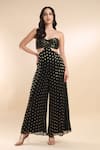 AMRTA by GUNEET KONDAL_Black Shell 90% Viscose Georgette Polka Dot Off Shoulder Pattern Jumpsuit _at_Aza_Fashions