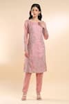 Buy_AMRTA by GUNEET KONDAL_Pink Shell 100% Organza Embroidery Enchanted Lake Blossom Round Kurta With Pant _at_Aza_Fashions