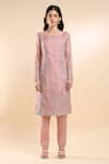 Buy_AMRTA by GUNEET KONDAL_Pink Shell 100% Organza Embroidery Enchanted Lake Blossom Round Kurta With Pant _Online_at_Aza_Fashions