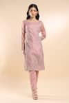 Shop_AMRTA by GUNEET KONDAL_Pink Shell 100% Organza Embroidery Enchanted Lake Blossom Round Kurta With Pant _Online_at_Aza_Fashions