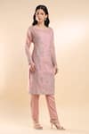 AMRTA by GUNEET KONDAL_Pink Shell 100% Organza Embroidery Enchanted Lake Blossom Round Kurta With Pant _at_Aza_Fashions