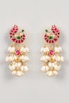 Shop_Karisa Designs_Red Pearls, Stones, Gota Patti Peacock Shaped Kundan Earrings _at_Aza_Fashions