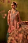 Manvi Kapoor_Peach Dupatta Organza Embroidered Sequin Ikraar Cutdana Kurta Bell Bottom Set _at_Aza_Fashions