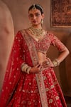 Buy_Manvi Kapoor_Red Raw Silk Embroidered Cutdana Plunge Mira Floral Vine Bridal Lehenga Set 