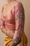 Priyanka Raajiv_Coral Silk Brocade Hand Embroidery Leaf Rukmini Blouse _Online