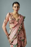 Rocky Star_Pink Raw Silk Print Gardenia V Frilly Pre-draped Saree With Embellished Blouse _Online_at_Aza_Fashions